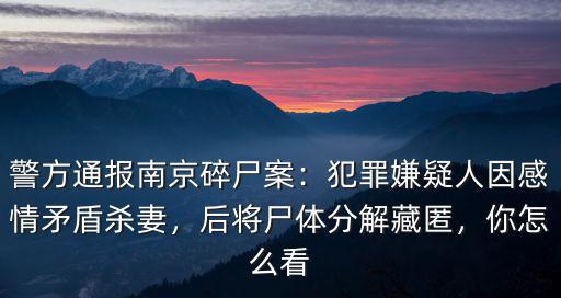 警方通報南京碎尸案：犯罪嫌疑人因感情矛盾殺妻，后將尸體分解藏匿，你怎么看