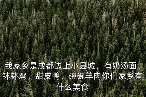 我家鄉是成都邊上小縣城，有奶湯面、缽缽雞、甜皮鴨、碗碗羊肉你們家鄉有什么美食