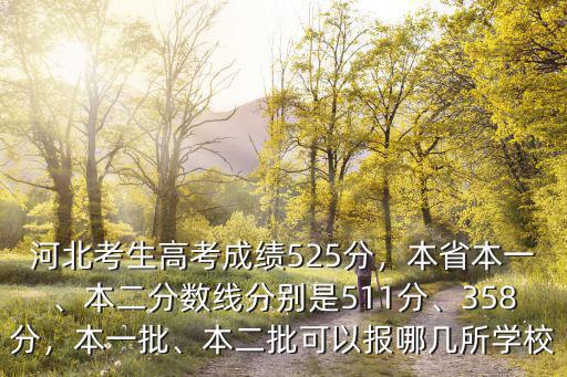 河北考生高考成績525分，本省本一、本二分數線分別是511分、358分，本一批、本二批可以報哪幾所學校