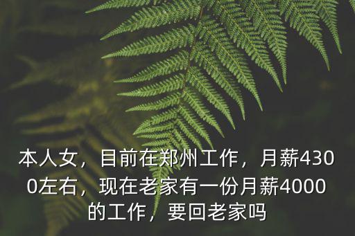 本人女，目前在鄭州工作，月薪4300左右，現在老家有一份月薪4000的工作，要回老家嗎