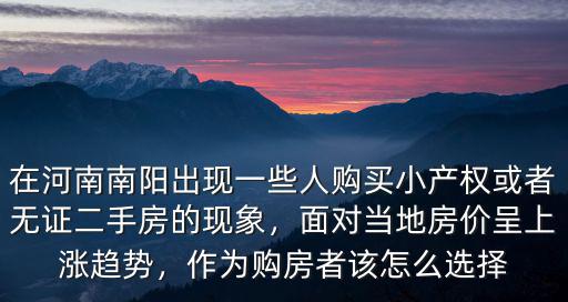 在河南南陽出現一些人購買小產權或者無證二手房的現象，面對當地房價呈上漲趨勢，作為購房者該怎么選擇