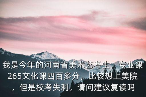 我是今年的河南省美術(shù)藝考生，專業(yè)課265文化課四百多分，比較想上美院，但是校考失利，請問建議復(fù)讀嗎