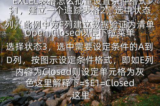 EXCEL表格怎么批量設置條件格式$1，建立一個追蹤表格2，選中狀態列，此例中為E列建立數據驗證為清單Open,Closed以便下拉菜單選擇狀態3，選中需要設定條件的A到D列，按圖示設定條件格式，即如E列內容為Closed則設定單元格為灰色這里解釋下=$E1=Closed,這里