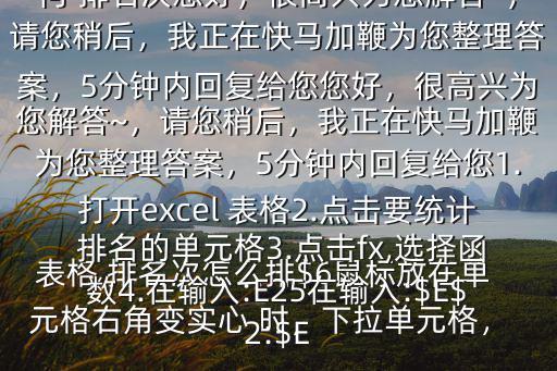  表格 排名次怎么排$6鼠標放在單元格右角變實心 時，下拉單元格， 排名就出來了在excel 表格中如何 排名次您好，很高興為您解答~，請您稍后，我正在快馬加鞭為您整理答案，5分鐘內(nèi)回復(fù)給您您好，很高興為您解答~，請您稍后，我正在快馬加鞭為您整理答案，5分鐘內(nèi)回復(fù)給您1.打開excel 表格2.點擊要統(tǒng)計 排名的單元格3.點擊fx,選擇函數(shù)4.在輸入:E25在輸入:$E$2:$E