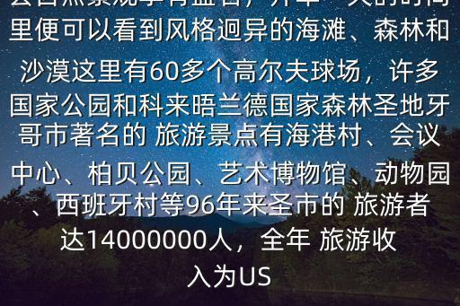 圣地亞哥市的 旅游資源$圣地牙哥縣自然景觀享有盛名，開車一天的時間里便可以看到風格迥異的海灘、森林和沙漠這里有60多個高爾夫球場，許多國家公園和科來晤蘭德國家森林圣地牙哥市著名的 旅游景點有海港村、會議中心、柏貝公園、藝術博物館、動物園、西班牙村等96年來圣市的 旅游者達14000000人，全年 旅游收入為US