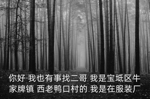 天津市寶坻區牛家牌鎮西老口村，你好 我也有事找二哥 我是寶坻區牛家牌鎮 西老鴨口村的 我是在服裝廠