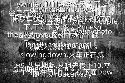 Down是什么意思$down1副詞ad.1.向下;向樓下Acupfelldowntotheground.一個杯子掉到地上2.在下面Downinthevalleythefogstilllingers.下面山谷里仍然霧氣蒙蒙3.下,下;下Thechildcouldnotgetthepilldown.孩子吞不下藥片4.向南方;在南方TheygodowntoFloridaeverywinter.他們每年冬天南下去佛羅里達5.去市中心,去商業區6.下,下7.下降;變差Priceshavegonedown.物價下跌了8.減少,減弱Thetrainisslowingdown.火車正在減速9.從早期起,從祖先傳下10.立即付現Youcanpay