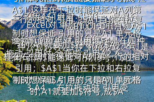 Excel對(duì) 單元格的 引用有哪幾種方式$共有四種 引用形式:A1是相對(duì) 引用$A1絕對(duì) 引用列,是混合 引用A$1絕對(duì) 引用行,是混合 引用$A$1絕對(duì) 引用行和列,是絕對(duì) 引用$是絕對(duì) 引用符號(hào),$在誰(shuí)的前面就絕對(duì) 引用誰(shuí)F4是在四種 引用間相互轉(zhuǎn)換的快捷鍵A1在下拉拖動(dòng) 引用時(shí),會(huì)變成 引用A2,A3,A4...,右拉拖動(dòng)時(shí) 引用變成B1,C1,D1....;A$1當(dāng)你下拉復(fù)制時(shí)想保證 引用的只是A1 單元格時(shí),A1就要加$符號(hào),成A$1,這樣在下拉時(shí)能保證對(duì)A列第一行的相對(duì) 引用;$A1當(dāng)你右拉復(fù)制時(shí)想保證 引用的只是A1 單元格時(shí),A1就要加$符號(hào),成$A1,這樣在右拉時(shí)能保證對(duì)A列第一行的相對(duì) 引用;$A$1當(dāng)你在下拉和右拉復(fù)制時(shí)想保證 引用的只是A1 單元格時(shí),A1就要加$符號(hào),成$A