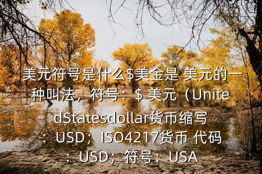  美元符號是什么$美金是 美元的一種叫法，符號：$ 美元（UnitedStatesdollar貨幣縮寫：USD；ISO4217貨幣 代碼：USD；符號：USA