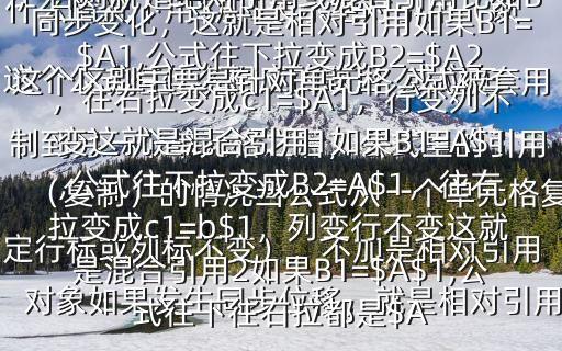 這個公式有什么相應的題目, 或應在什么情況下用$加$表示絕對引用（鎖定行標或列標不變），不加是相對引用這個區別主要是針對單元格公式被套用（復制）的情況當公式從一個單元格復制到另一個單元格之后，公式里的引用對象如果發生同步位移，就是相對引用，否則就是絕對引用或混合引用比如B1=A1,公式往下拉變成B2=A2，往右拉變成c1=b1，行列都發生同步變化，這就是相對引用如果B1=$A1,公式往下拉變成B2=$A2，往右拉變成c1=$A1，行變列不變這就是混合引用1如果B1=A$1,公式往下拉變成B2=A$1，往右拉變成c1=b$1，列變行不變這就是混合引用2如果B1=$A$1,公式往下往右拉都是$A