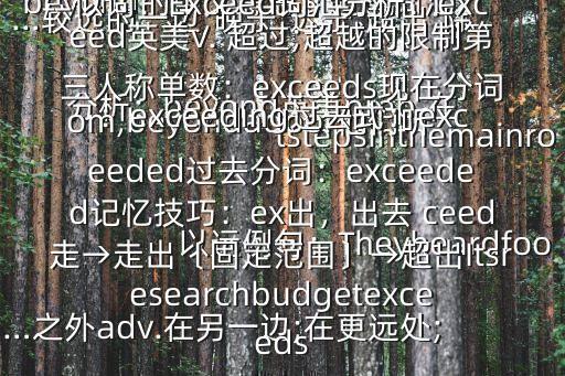 beyond的中文意思$ 超過詞匯分析：beyond英美prep.在…較遠(yuǎn)的一邊;晚于;遲于;超出;除…之外adv.在另一邊;在更遠(yuǎn)處;以遠(yuǎn)例句：Theyheardfootstepsinthemainroom,beyondadoor他們聽見門外的大廳里有腳步聲擴展資料：類似詞：Exceed詞匯分析：exceed英美v. 超過;超越的限制第三人稱單數(shù)：exceeds現(xiàn)在分詞：exceeding過去式：exceeded過去分詞：exceeded記憶技巧：ex出，出去 ceed走→走出〔固定范圍〕→超出Itsresearchbudgetexceeds